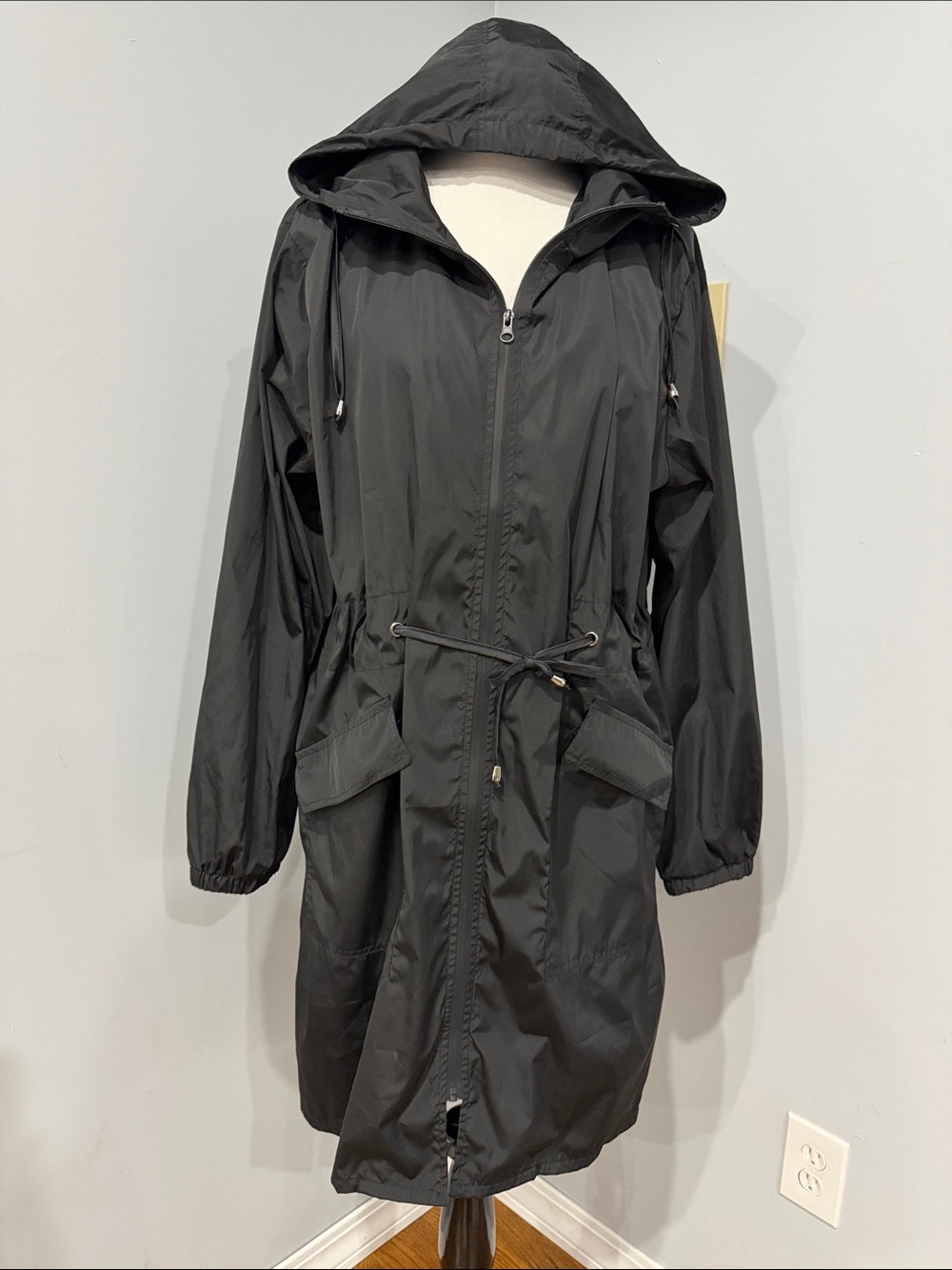 Women's Black Hooded Drawstring full length Raincoat